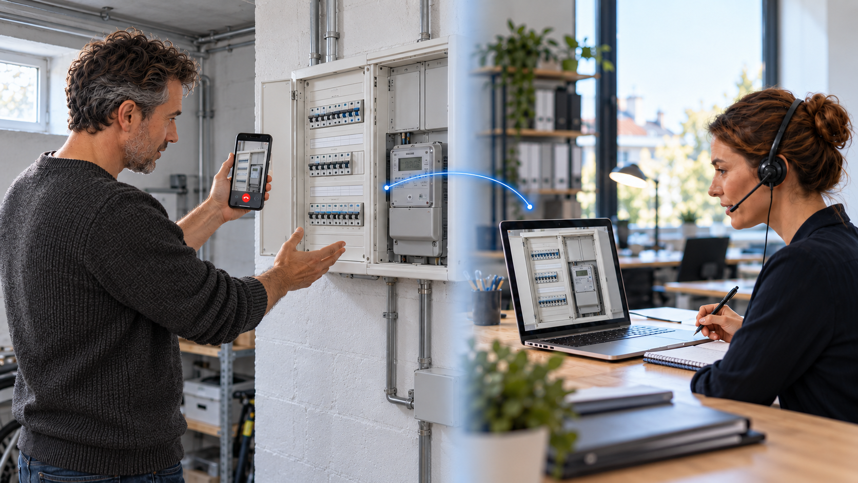 Ein Kunde zeigt Sicherungskasten und Stromzähler in seinem Keller per Smartphone; eine Beraterin bespricht mit ihm die Ausgangssituation für ein Angebot.